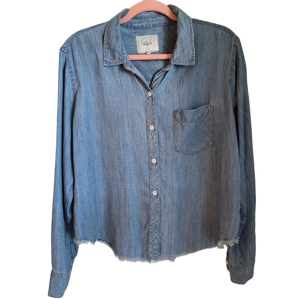 Rails Button Down Chambray Shirt Women's Size L Blue Raw Hem Tencel Linen Blend